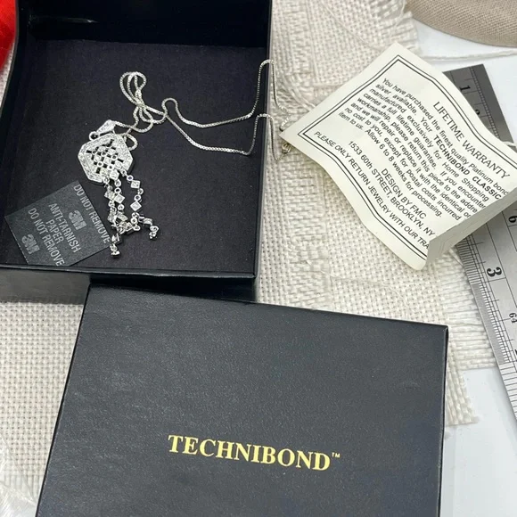 Technibond Platinum Sterling Silver & Blue Sapphire CZ Pendant Necklace - Picture 3 of 17